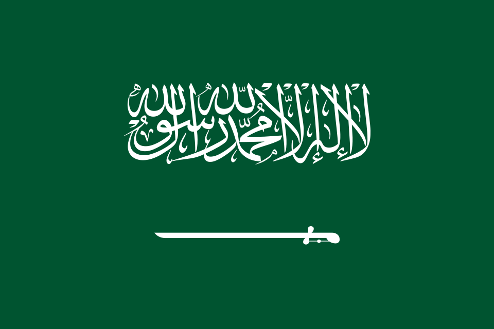 Drapeau vert portant une inscription en calligraphie arabe blanche au-dessus d'un sabre blanc