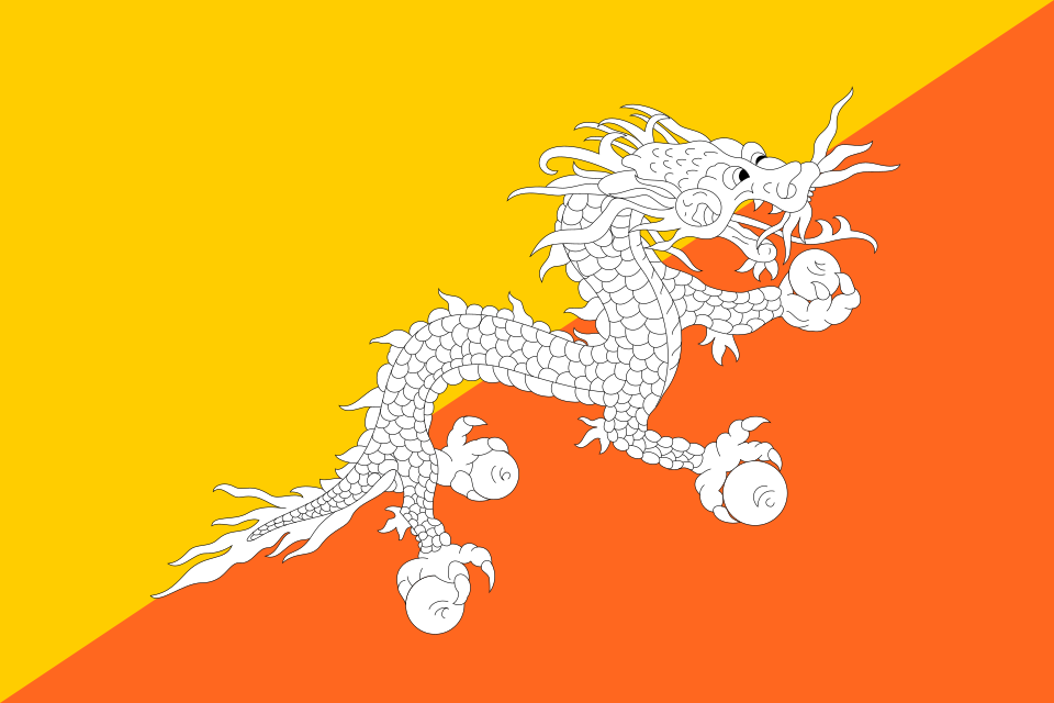 Drapeau coupé en diagonale, jaune en haut et orange en bas, avec un dragon blanc au centre