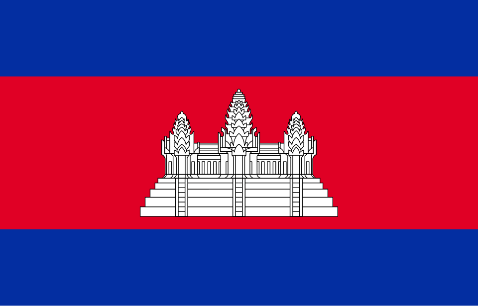 Drapeau à bandes bleue, rouge et bleue, avec un temple blanc à trois tours au centre