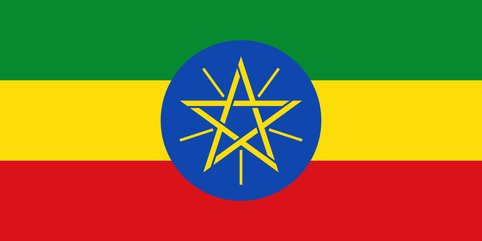Drapeau à trois bandes horizontales verte, jaune et rouge, avec au centre un disque bleu portant une étoile jaune