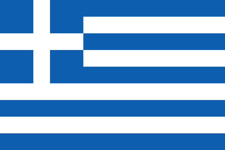 Drapeau à neuf bandes horizontales bleues et blanches, avec une croix blanche sur fond bleu dans le coin supérieur gauche