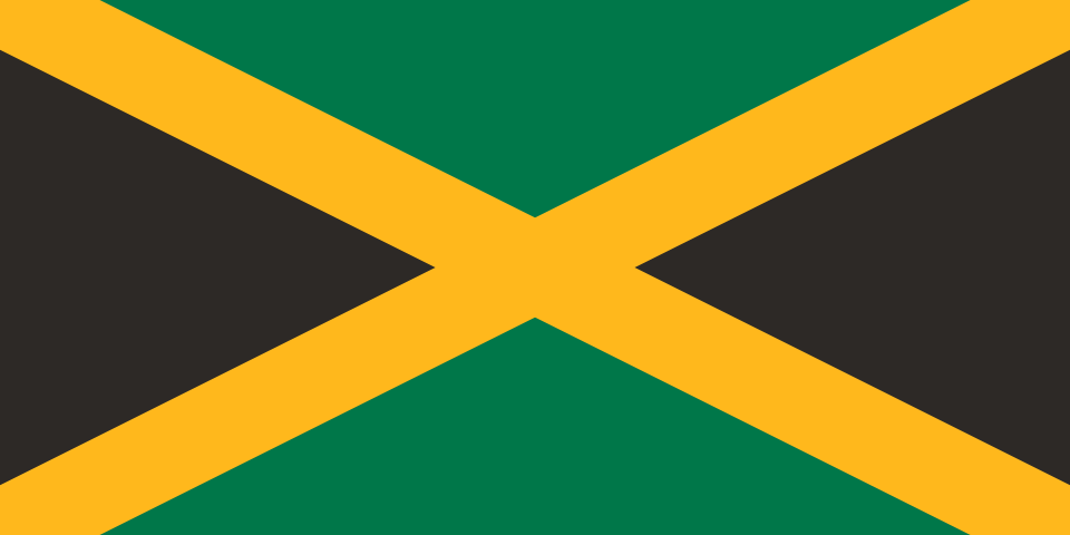 Drapeau partagé par une croix jaune en diagonale en deux triangles verts, en haut et en bas, et deux triangles noirs, sur les côtés