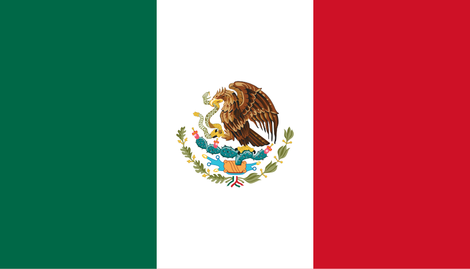 Drapeau à trois bandes verticales verte, blanche et rouge, avec au centre un aigle posé sur un cactus tenant un serpent