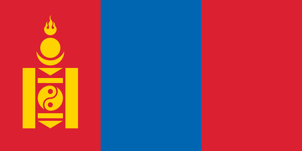 Drapeau à trois bandes verticales rouge, bleue et rouge, avec un symbole jaune fait de flammes, de cercles et de formes géométriques sur la bande de gauche