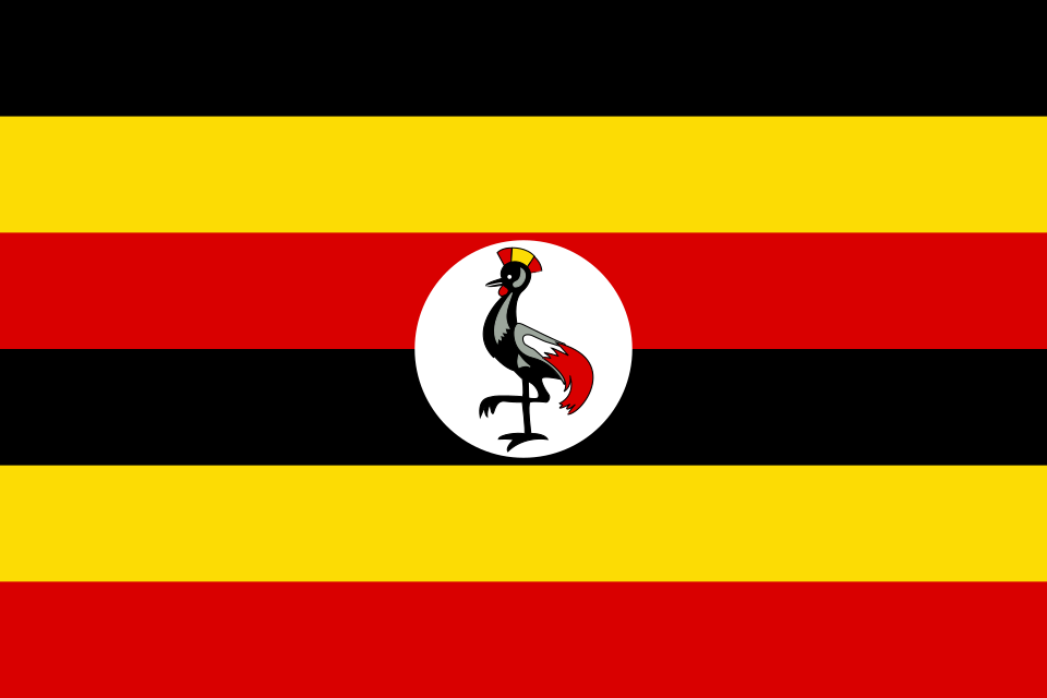 Drapeau à six bandes horizontales noire, jaune et rouge répétées, avec au centre un disque blanc portant un oiseau à huppe