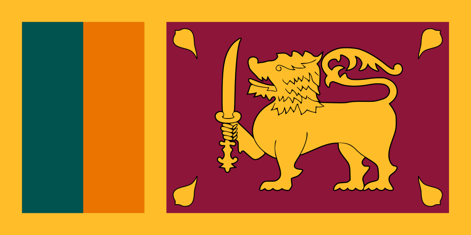 Drapeau bordé de jaune, avec deux bandes verticales verte et orange à gauche et, à droite, un lion jaune tenant une épée sur fond bordeaux