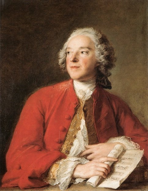 Portrait peint d'un homme en veste rouge qui tient une partition
