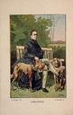 Gravure en couleurs d'un homme assis dans un jardin avec des chiens