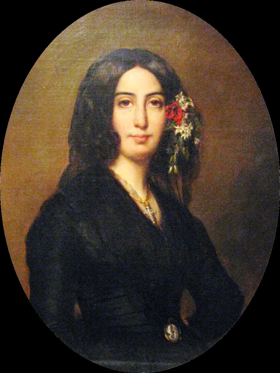 Portrait ovale d'une femme aux longs cheveux noirs, une fleur rouge dans les cheveux, en robe noire