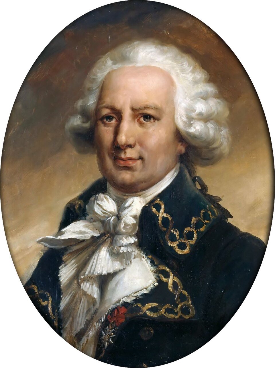 Portrait peint d'un homme aux cheveux blancs poudrés, habit orné de chaînes dorées