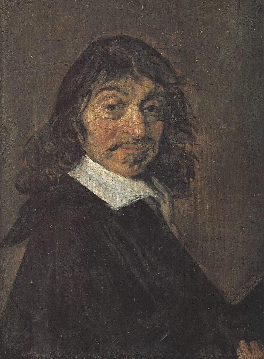 Portrait peint d'un homme aux cheveux longs et bruns, col blanc, fond sombre
