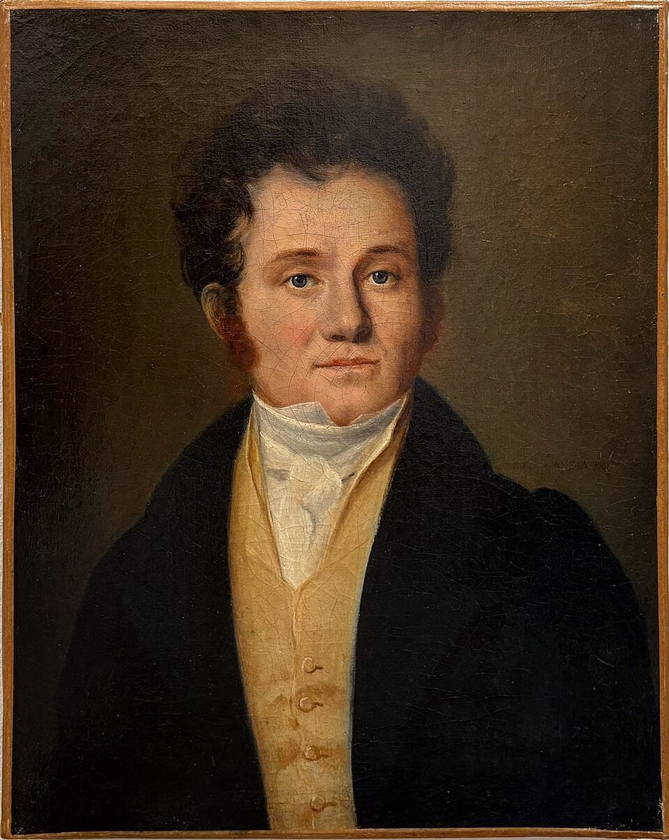 Portrait peint d'un homme au gilet jaune et au col blanc, fond brun
