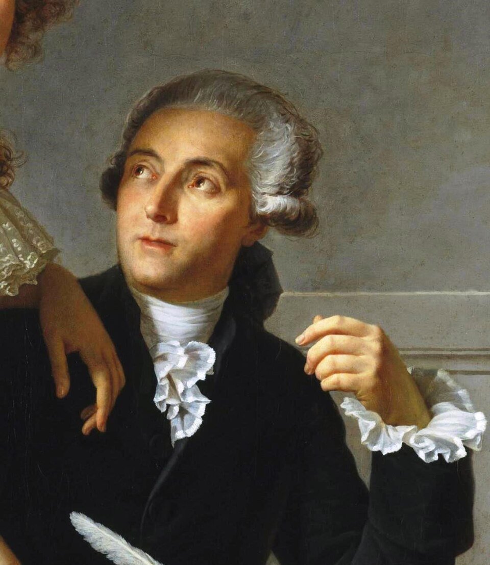 Détail d'un tableau : homme en habit noir et jabot blanc, une plume à la main, le bras d'une femme posé sur son épaule