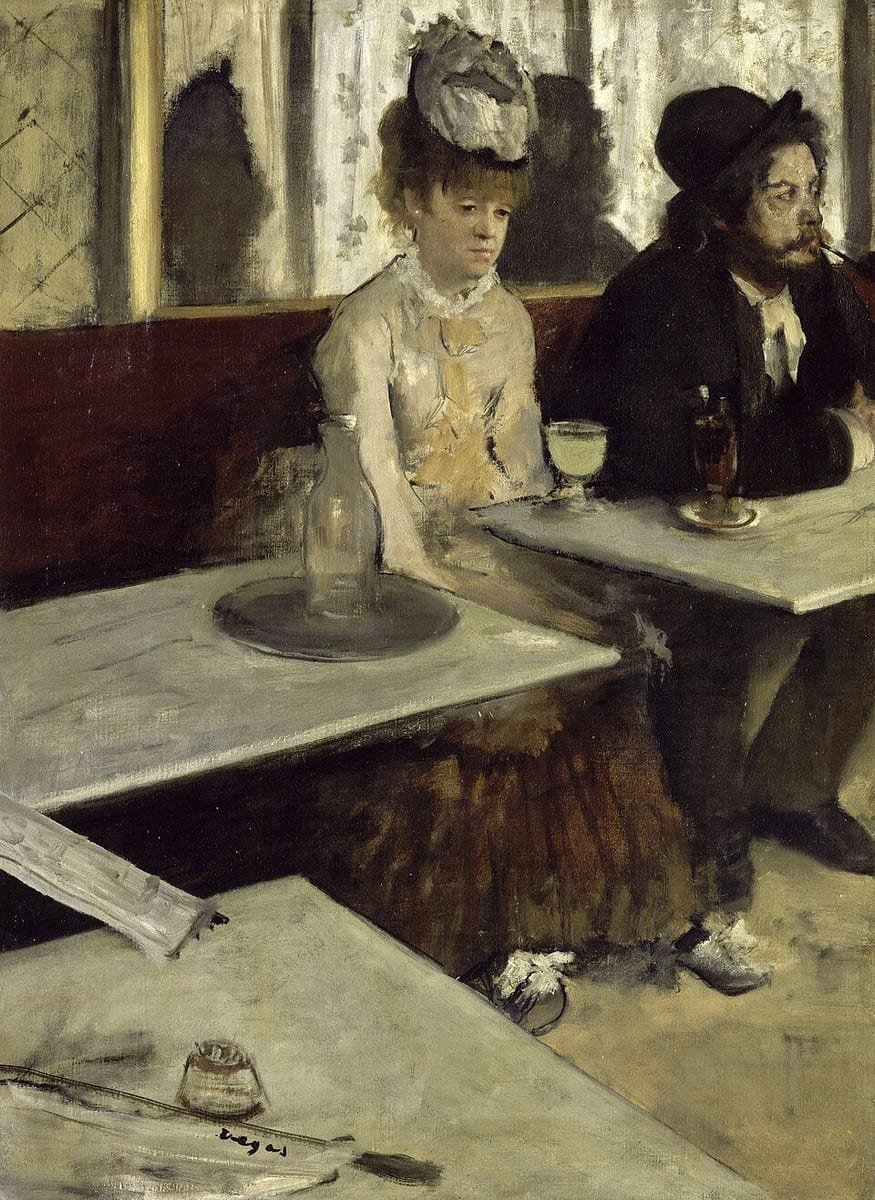 Tableau d'une femme et d'un homme assis côte à côte sur une banquette de café, devant des verres
