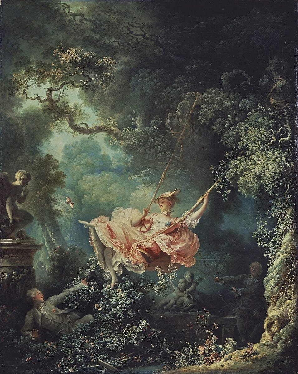 Tableau d'une jeune femme en robe rose sur une balançoire dans un parc, entre un homme âgé qui la pousse et un jeune homme caché dans les buissons
