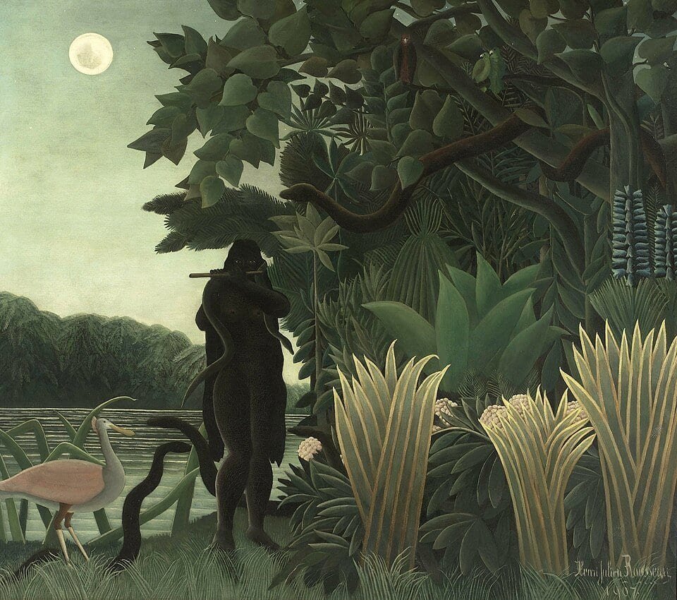 Tableau d'une jungle au clair de lune, où une silhouette noire joue de la flûte entourée de serpents