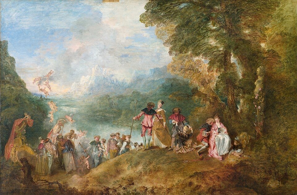 Scène champêtre de couples élégants qui s'embarquent près d'un lac