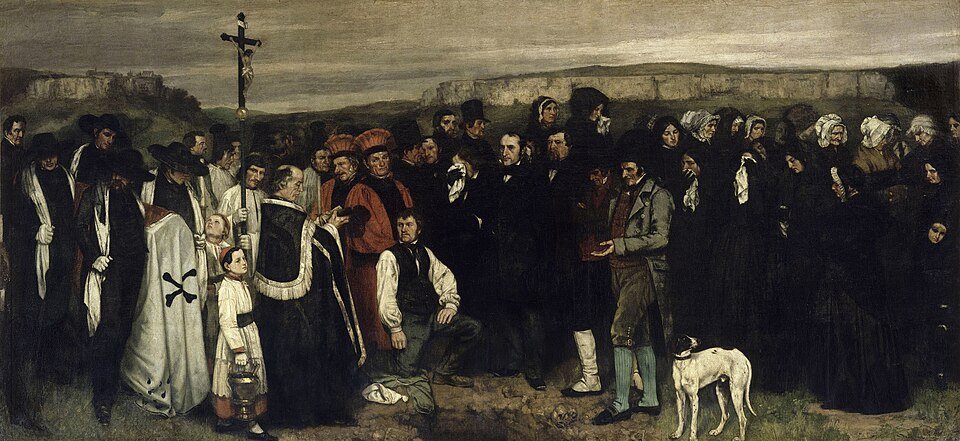 Long tableau d'une procession funéraire dans un paysage de falaises