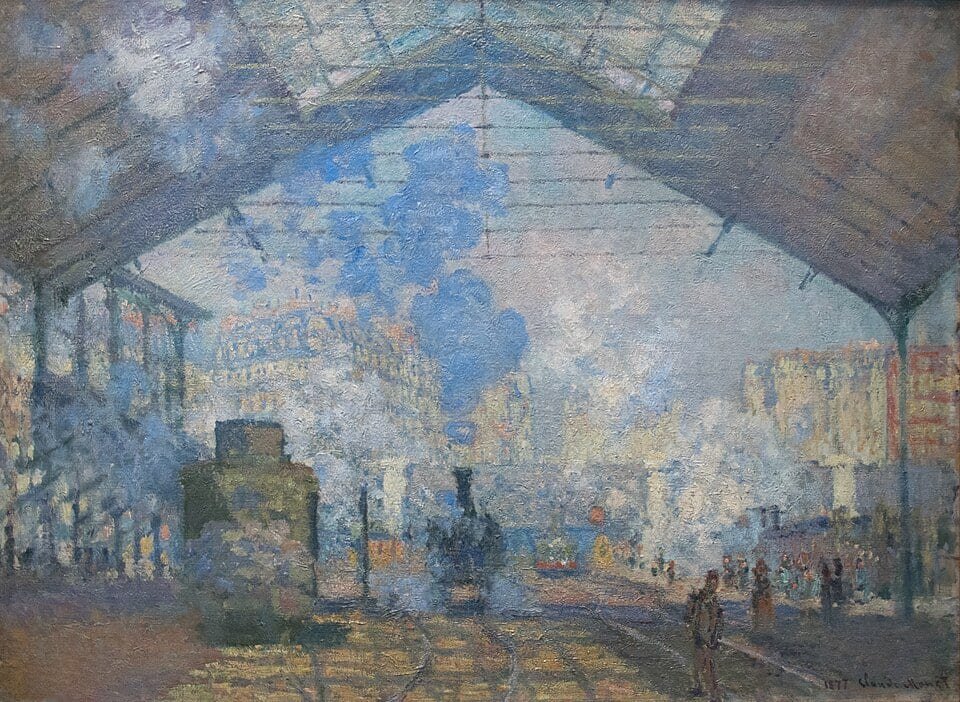 Tableau d'une locomotive qui crache de la vapeur bleutée sous la verrière d'une gare