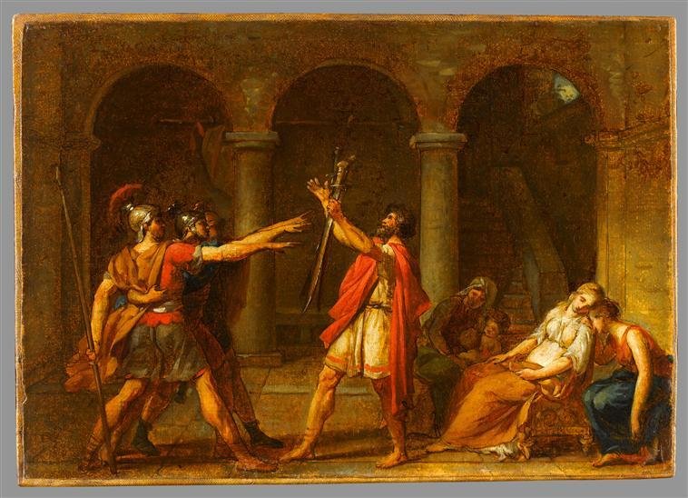 Tableau à l'antique : un homme lève une épée devant trois guerriers