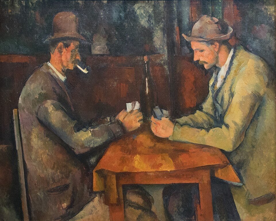Tableau de deux hommes en chapeau assis de part et d'autre d'une petite table, des cartes à la main