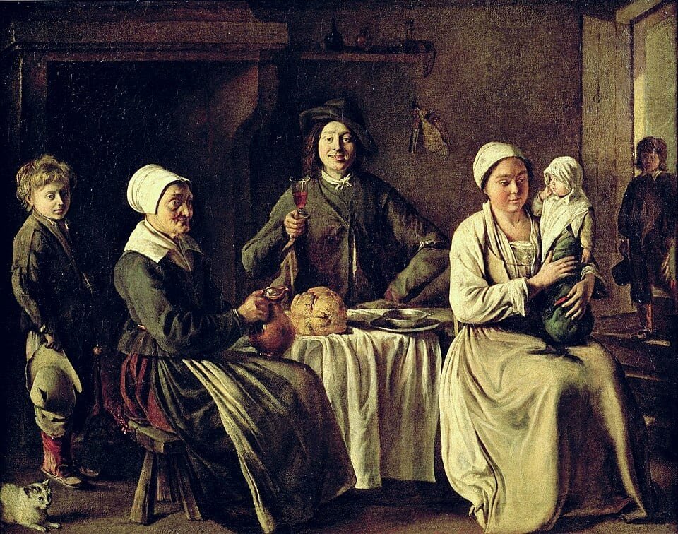 Scène d'intérieur paysan : une famille attablée autour d'un pain
