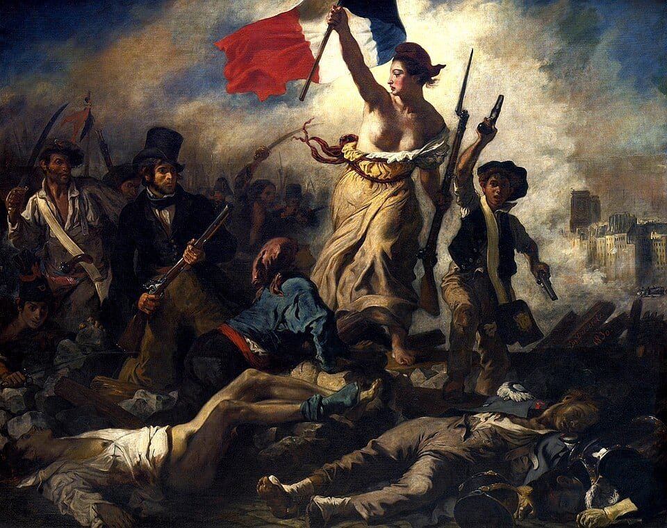 Tableau d'une femme au drapeau tricolore, au milieu de combattants