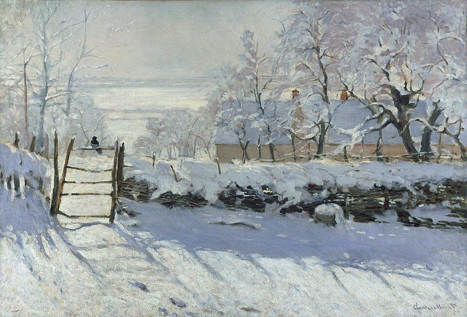 Paysage de neige ensoleillé, avec un oiseau noir posé sur une barrière en bois