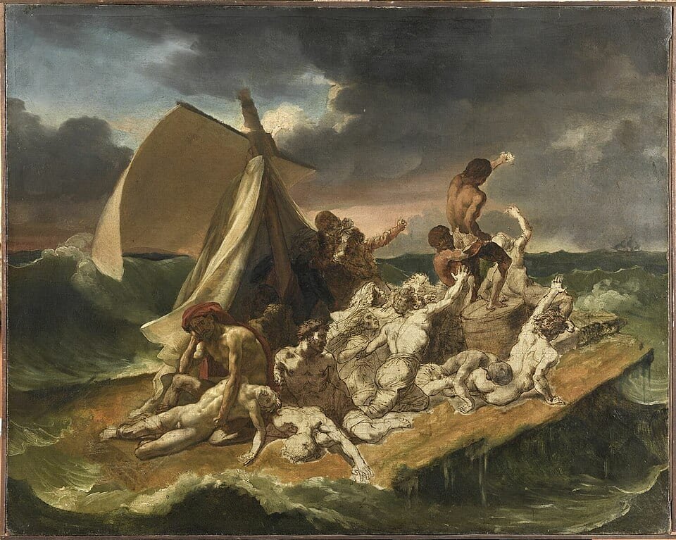 Tableau de naufragés entassés sur un radeau battu par les vagues